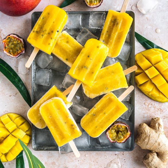 Home-made mango ginger passionfruit popsicles