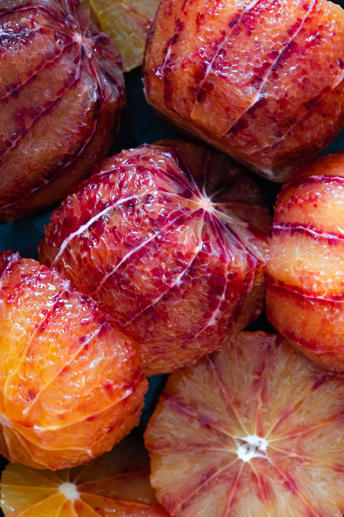 Close up of freshly peeled blood oranges, Delizzious Photography